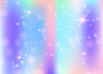 Hologram background with rainbow mesh. Cute universe banner in princess colors. Fantasy gradient backdrop. Hologram magic background with fairy sparkles, stars and blurs.