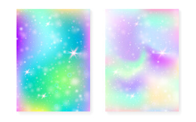 Rainbow background with kawaii princess gradient. Magic unicorn hologram.