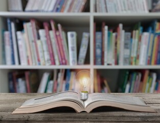 Light bulb on the open book, concept of innovation idea, knowledge. Self-learning and education.