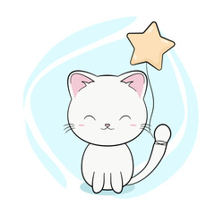 Uroczy biały kot z balonem w kształcie gwiazdki zawiązanym na ogonie. Wektorowa ilustracja urodzinowa. - obrazy, fototapety, plakaty