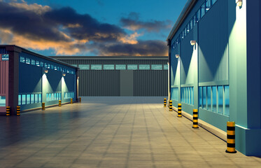 Territory with warehouse construction. Evening illumination warehouse buildings. Warehouse construction with cloudy sky. Visualization storage company exterior. Storage hangar facades. 3d rendering