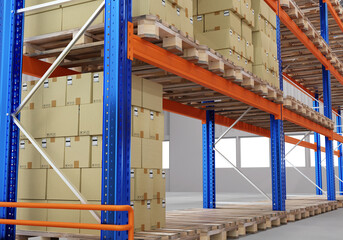 Warehouse Logistics. Logistics center with boxes. Boxes with stickers on pallets. Warehouse racks in logistics center. Distribution center with parcels. Visualization storage company. 3d image