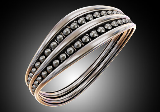 Fashion ring. Silver ring is curved. Precious metal jewelry. Women fashion. Accessories for girls. Silver ring on dark background. Precious jewelry for woman. Fashion accessory made metal. 3d image