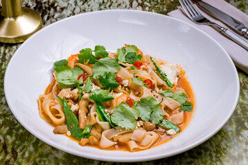 Udon noodles with chicken and vegetables on white plate