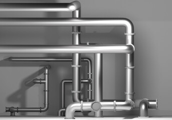 Boiler room background. Steel pipes are intertwined. Gray boiler room background render. Pipeline in front of wall. Water pipes in boiler room. Water supply engineering communications. 3d image.