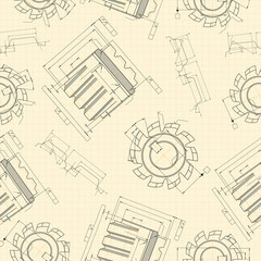 Mechanical engineering drawings on light background. Cutting tools, milling cutter. Technical Design. Cover. Blueprint. Seamless pattern. Vector illustration.