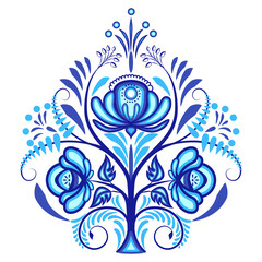 Blue isolated pattern with flowers, leaves and floral elements. Traditional classic ornament in style of cobalt painting on porcelain. Vintage pattern with arabesques.