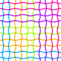 Seamless Colorful crossed lines grid pattern. Neon lines texture. Plaid design. Yellow, blue, green, purple stripes on white background. Wavy striped color repeating background.