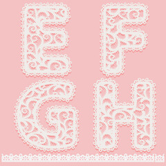 Letters E, F, G, H written of white lace isolated on pink background Lacy font and pattern brush border for label. Set cute lace alphabet symbols for design gift card or invitation