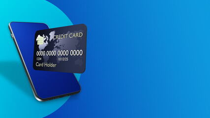 E-payment. Payments in the mobile app. Smartphone and credit card isolated on blue. Place for text. Contactless payments. Payments using smartphone. Modern banking, technology, financial services. 3d