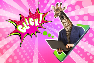 The giraffe clicks on the laptop screen. Contemporary art. A giraffe in a suit. A man with a...