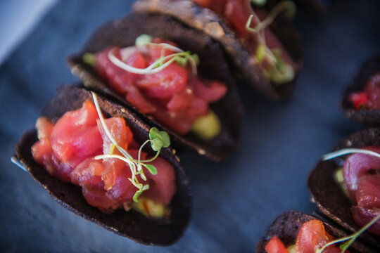 Tray of Tuna tacos.