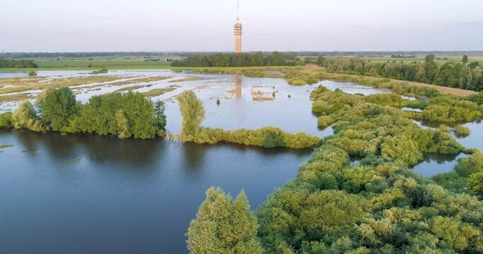 Aerial view of flooded floodplains of river Maas with trees, Megen, Netherlands.