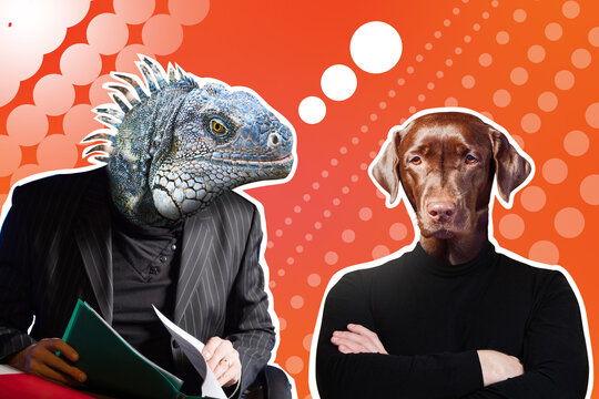 Collage with people and animals. The characters of people are expressed through animals. A lizard and a dog. The chameleon man. A dog with a human body. Magazine illustration. A surreal picture.