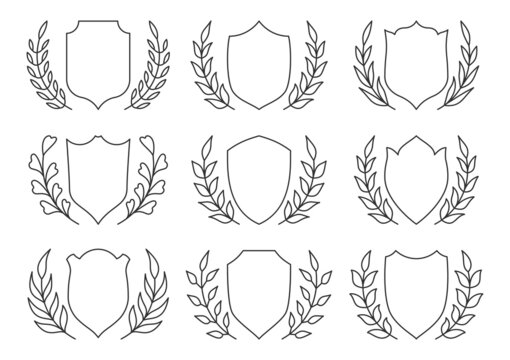 Shield wreath heraldic banner logo black line set. Thin line blank template protect guarantee insignia. Signage inscription award ancient greek leaf. Military royal coat arms medieval armor isolated