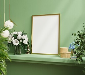 Mock up gold frame on the green shelf with beautiful plants. - obrazy, fototapety, plakaty
