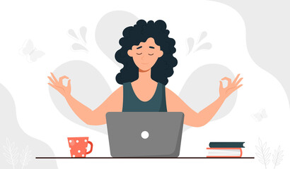 Businesswoman meditate with laptop