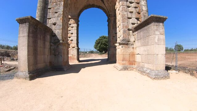 four-gate Roman Arch of C&aacute;parra, Oliva de Plasencia - Tierras de Granadilla, province of C&aacute;ceres, Extremadura, Spain - dolly