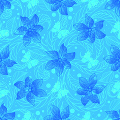 Delicate blue spring seamless pattern with translucent flowers and butterflies. Vector eps 10