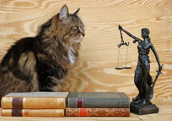 Die Rechte der Tiere. Eine Katze und eine Justitia Figur mit Büchern auf einem Holzuntergrund
