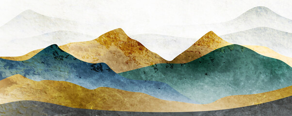 Abstract watercolor art background with mountains and hills in gold and blue tones. Vector banner with hills, mountains and sun for decoration, wallpaper, packaging, fabric, mural.