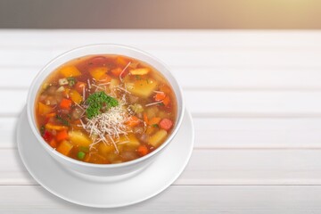Delicious fish soup. Hot soup from traditional food national dish.