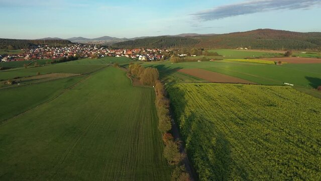 Aerial view of a village with photovoltaic on the roofs, Marbach, Germany.