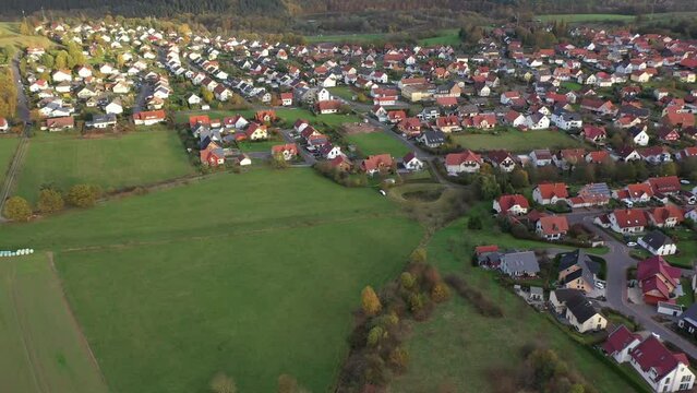 Aerial view of a village with photovoltaic on the roofs, Marbach, Germany.