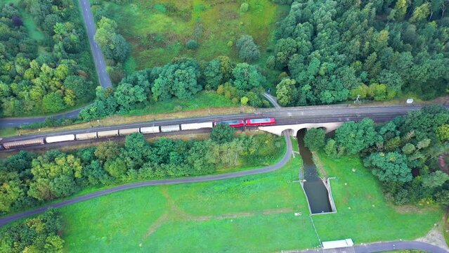 Aerial view of a train crossing a bridge, Marbach, Germany.