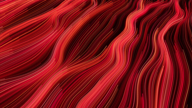 Wavy Neon Lights Background with Red, Orange and White Curves. 3D Render.