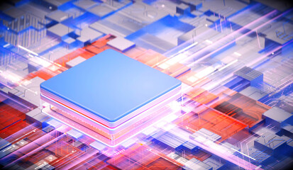 3D rendering of cyberpunk AI. Circuit board. Technology background. Central Computer Processors CPU and GPU concept. Motherboard digital chip. Tech science background.