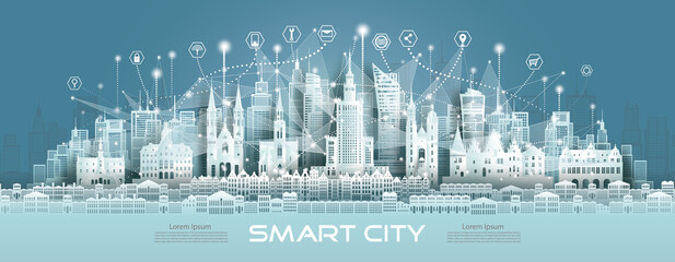Fototapeta Technology wireless mesh geometric network communication icon smart city with architecture in warsaw Poland at europe for design banner technology, Green city wireless network architecture in Poland. obraz