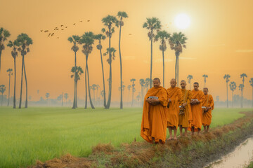 Buddhist monks going about to receive food from villager in morning in Thailand