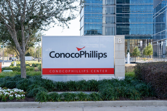 Houston, Texas, USA - March 2, 2022: ConocoPhillips ground sign at their World Headquarters in Houston. The ConocoPhillips Company is an American multinational corporation. Editorial use only.