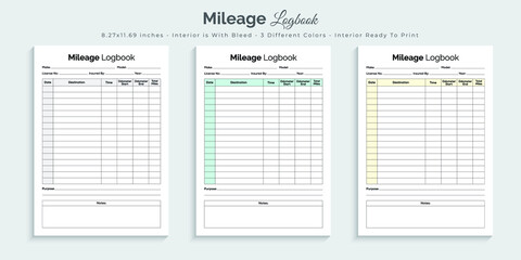 Mileage logbook journal planner and tracker printable kdp interior design template set 01 - obrazy, fototapety, plakaty