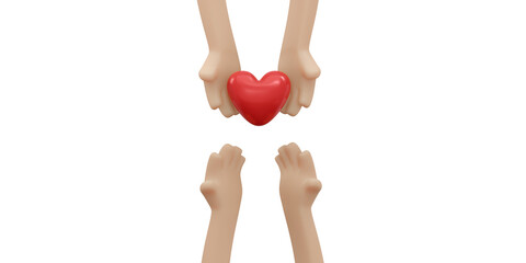 3d rendering of hand holding red heart concept of organ donation, family insurance, world heart day, world health day, gratitude, kind, thankful and love. 3d illustration cartoon style.