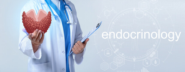 Male endocrinologist with digital projection of thyroid gland on light background