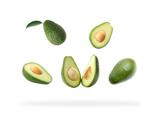 Fresh flying avocados isolated on white