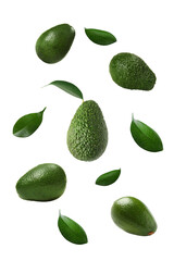 Fresh flying avocados and green leaves isolated on white