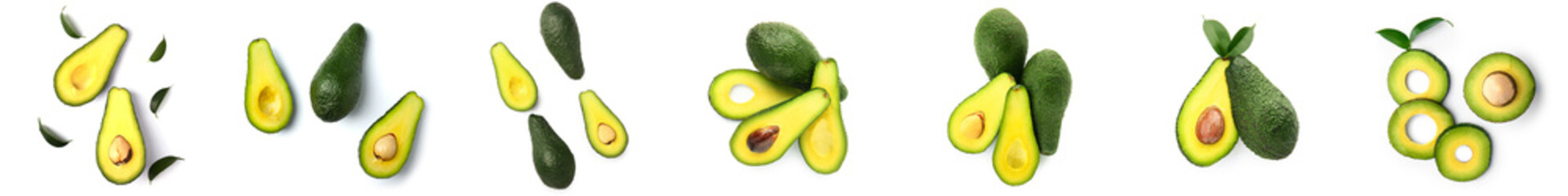 Set of ripe avocados isolated on white, top view