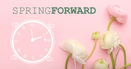 Beautiful ranunculus flowers and drawing of clock on pink background. Spring forward
