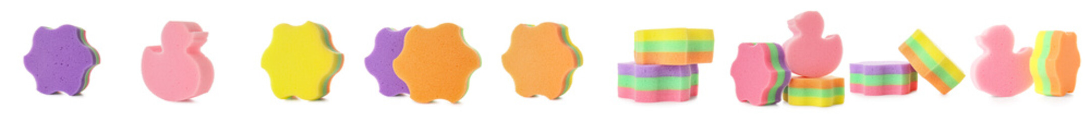Set of different bath sponges isolated on white