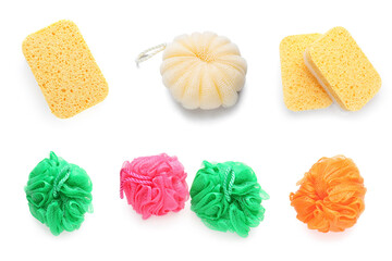 Set of different bath sponges isolated on white, top view