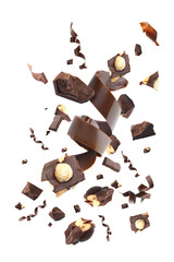 Falling pieces of tasty chocolate with nuts isolated on white