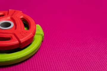 View light shiny health club template space dumbbell training, concept healthy lifestyle healthy build in towel and design barbell, top athletic. Red mat sport,