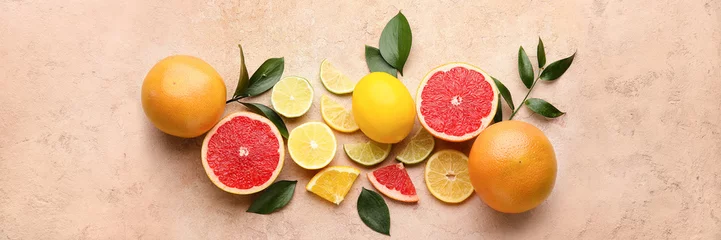 Foto op Plexiglas Different citrus fruits on color background. Banner for design © Pixel-Shot
