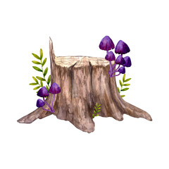 Large tree stump with purple grebes and grass leaves. Watercolor illustration hand-drawn isolated on white background.