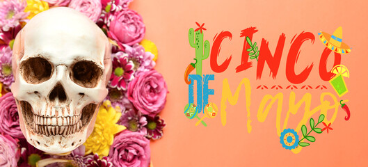 Greeting card for Cinco de Mayo (Fifth of May) with human skull and flowers
