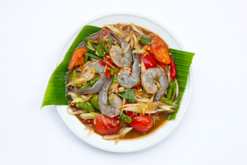 Papaya salad with shrimp in white plate