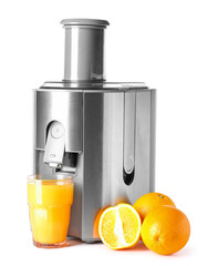 Modern juicer with fresh fruits on white background